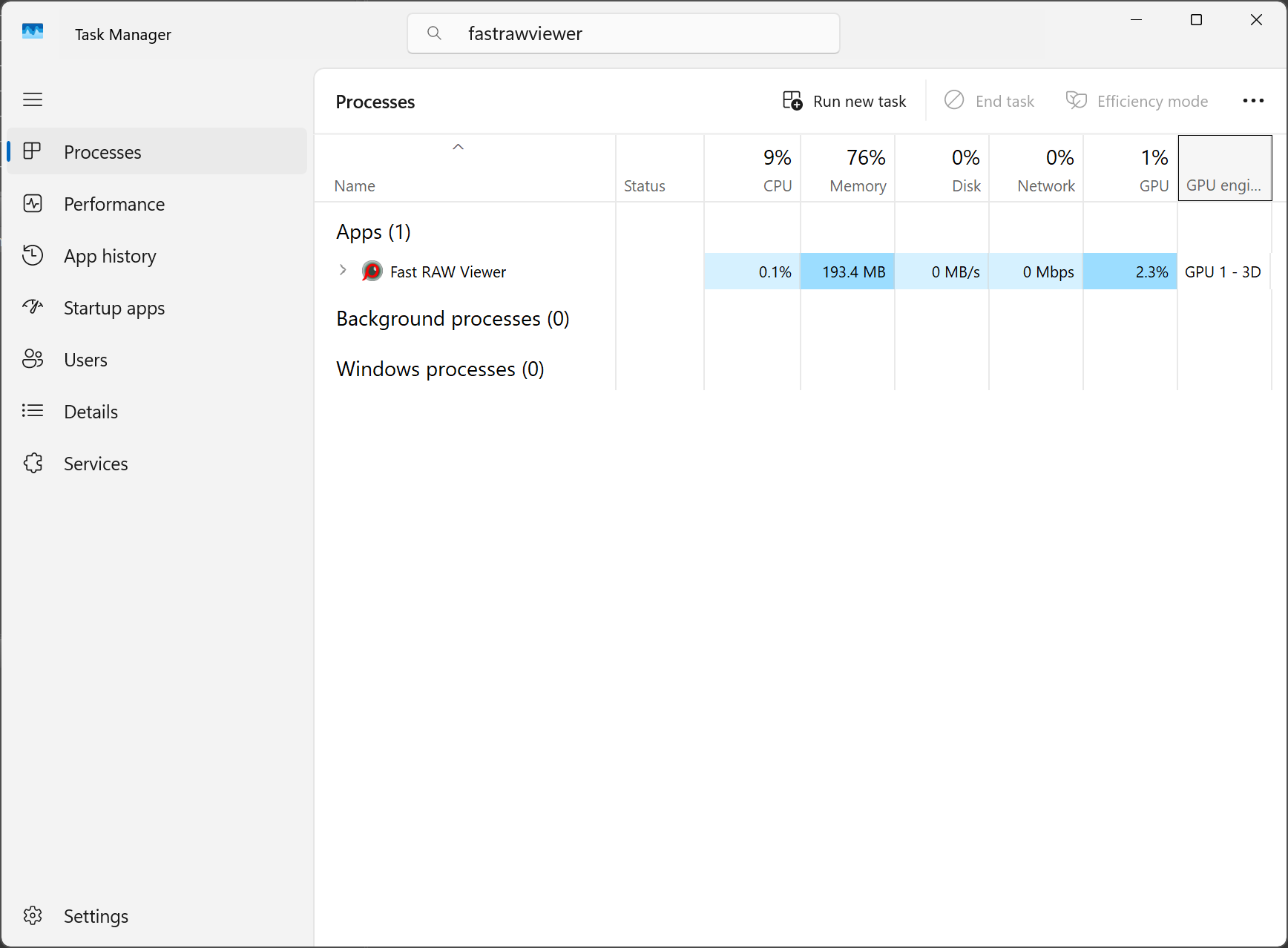 Screenshot of Task Manager showing the FastRawViewer process